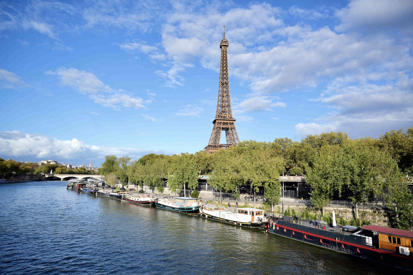 View of the Eiffel Tower from the Seine, with houseboats lined up along the green riverbank in the foreground.